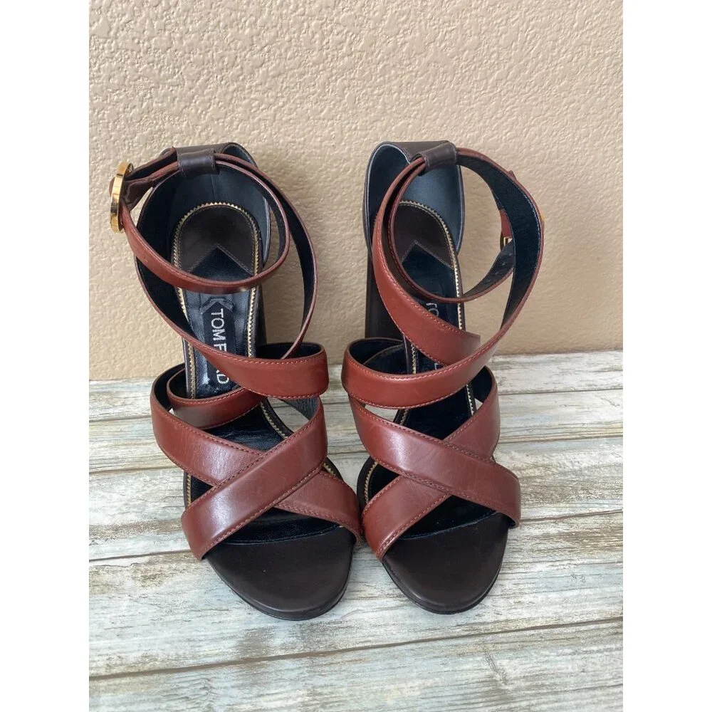 Tom Ford Brown Leather Strappy Block Heel Sandals Sz 39 Made in Italy - Picture 2 of 15